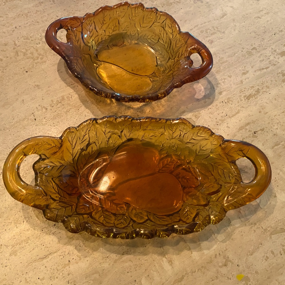Vintage amber Indiana Depression Glass “Sweet Pear” relish dish, matching bowl.